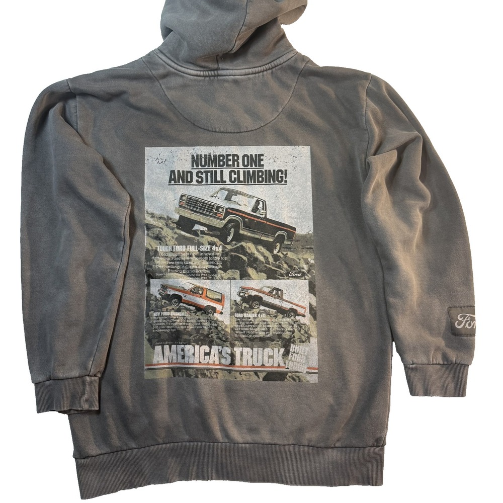 Ford Vintage Truck Ad Hoodie Mens L Gray Distressed Graphic Y2K Sweatshirt